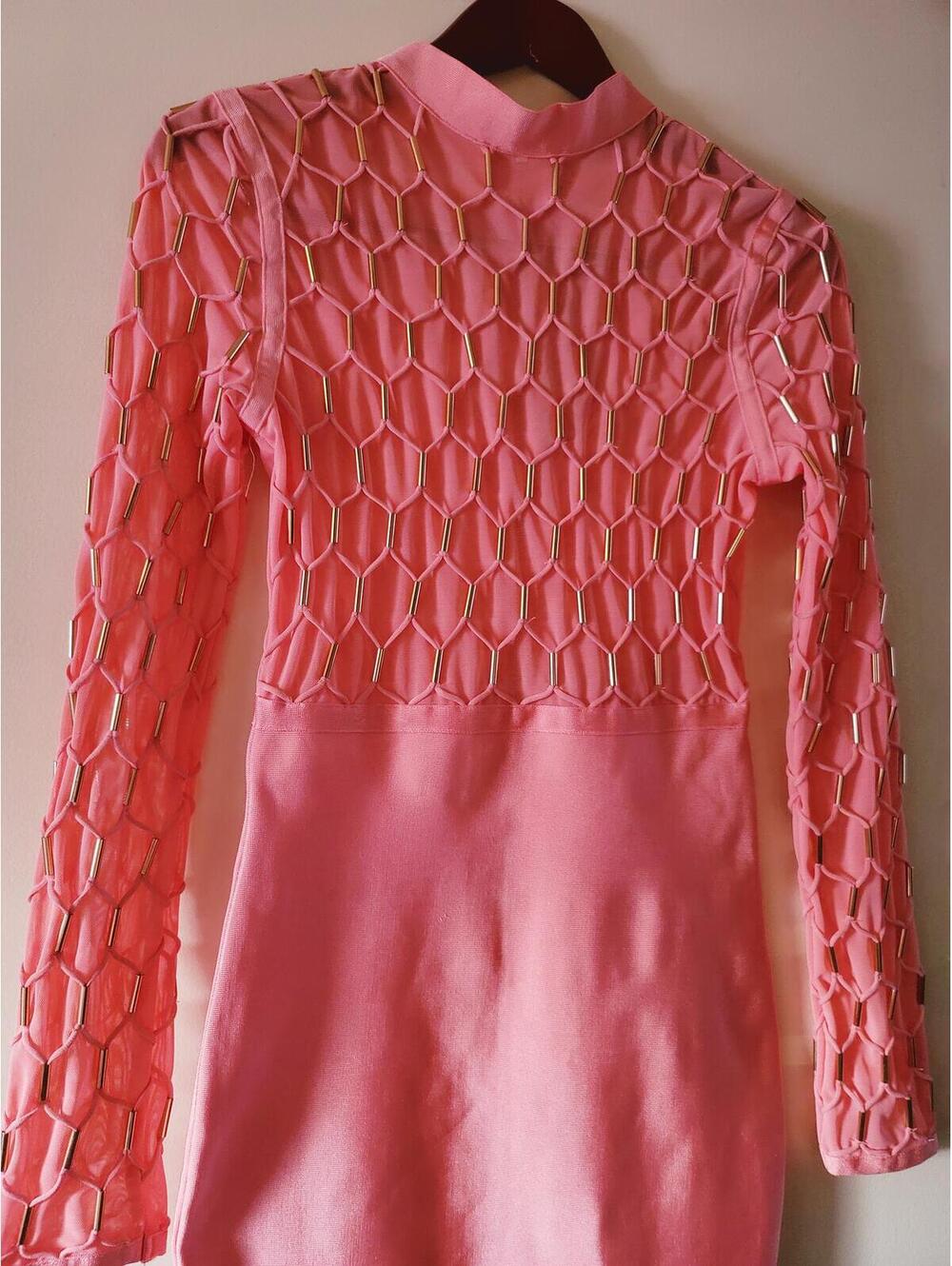 WOW Couture  Salmon Color Long Sleeve Dress with Hexagonal Mesh Detail Size M